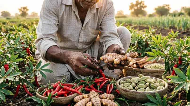 Indian farmer harvesting turmeric in agricultural field
