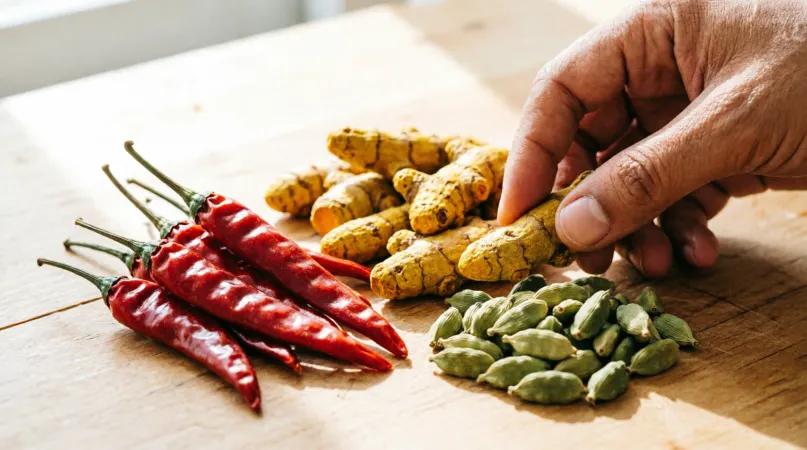 Arrangement of Indian spices in rustic wooden bowls
