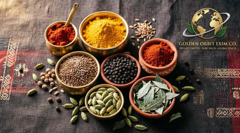 Vibrant arrangement of Indian spices in metal bowls
